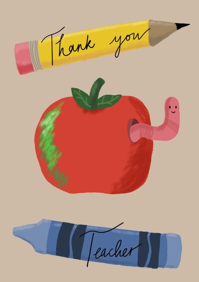 Cute Thank You card - For Teacher - Apple, Worm, and Writing Tools! created by CLI Artist
