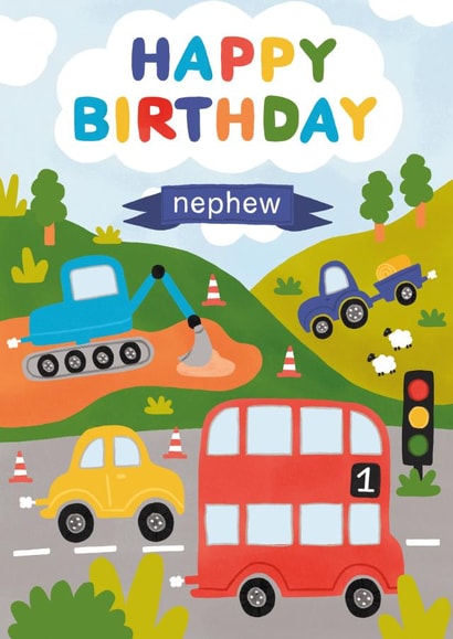 Cute 1st Birthday Card - For Nephew - Cars, Diggers and Trucks created by Made by Burbs