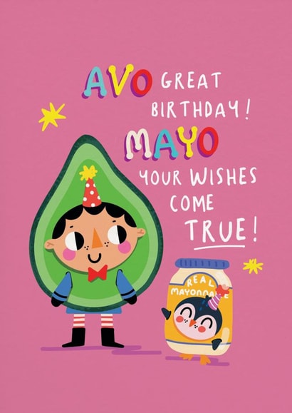 Cute Birthday Card - Food Puns - Avocado & Mayo Friends created by NICHOLA COWDERY ILLUSTRATIONS 
