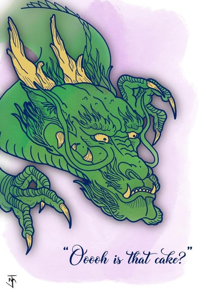Funny Japanese dragon card… oooh is that cake? created by Jake Fox Art
