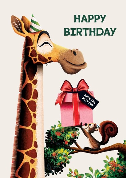 Cute Birthday Card - Giraffe and Squirrel - Have the Best Day created by Folio | Ian Owen