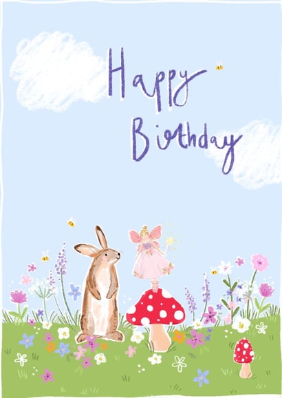 Cute Happy Birthday Card - For Her - Fairies - Bunny Rabbit created by By Katie Wells