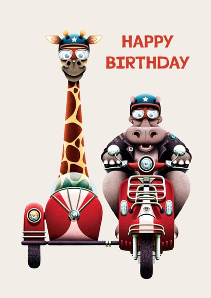 Cute Birthday Card - Giraffe & Hippo Retro Moped created by Folio | Ian Owen