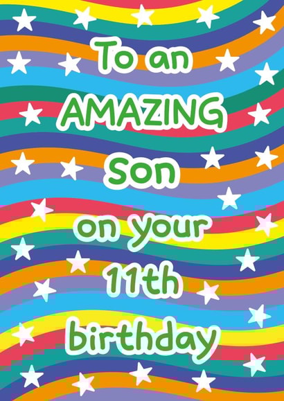 Fun 11th Birthday Card - For Son - Stars and Colourful Wavy Stripes created by size3art