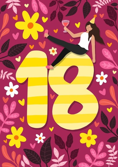 Cute 18th Birthday Card - For Her - Cartoon created by Sophie Larsson