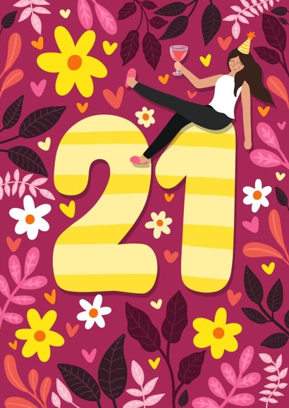 Cute 21st Birthday Card - For Her - Cartoon created by Sophie Larsson