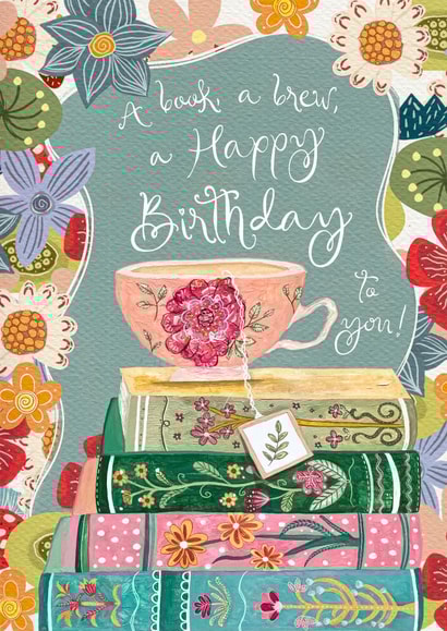 Cute Birthday Card - Very Vibrant, Book and Brew Loving created by Melissa James