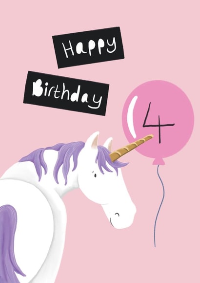 Cute Birthday Card - Age 4 - Beautiful Unicorn created by Lucy Driver