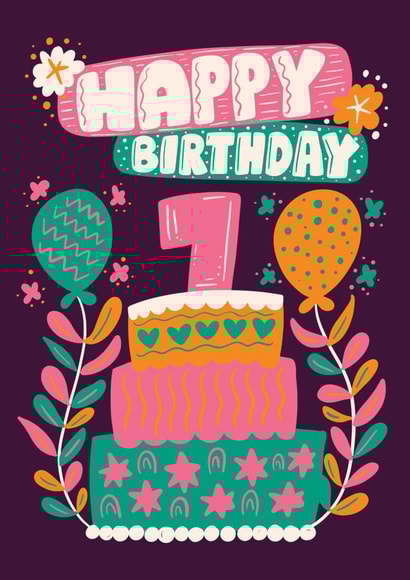 Pretty Birthday Card - 7th - Cake created by Harkiran Kalsi