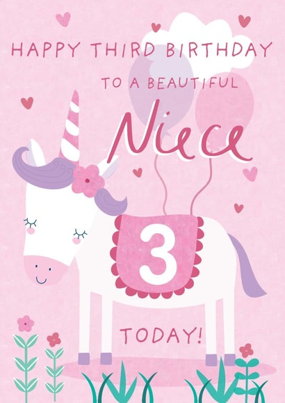 Cute 3rd Birthday Card - Unicorn - Niece created by Juniper and Rose Studio