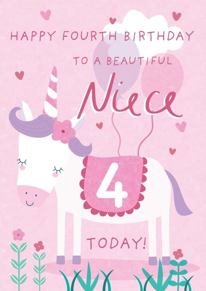 Cute 4th Birthday Card - Unicorn - Niece created by Juniper and Rose Studio