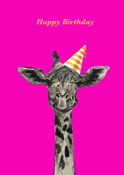 Cute Birthday Card - Party Giraffe - Charcoal Drawing created by Angel Fine Arts
