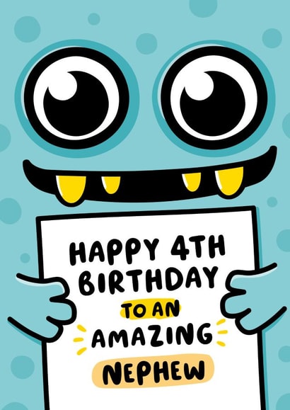 Cute 4th Birthday Card - For Nephew - Cartoon Monster created by Macie Dot Doodles