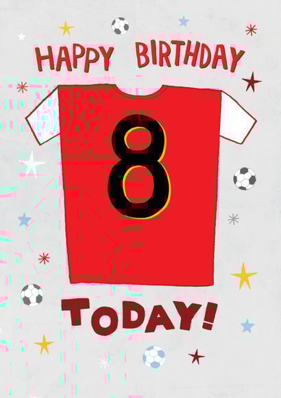 Cool 8th Birthday Card - Red Football Shirt - Liverpool, Arsenal, Man Utd etc created by Pencilface