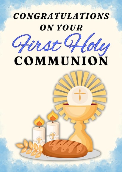 1st Communion Boy: Blue, Cross, Candles, Bread of Life, Chalice Cup created by Dara, Ceramic Scripture