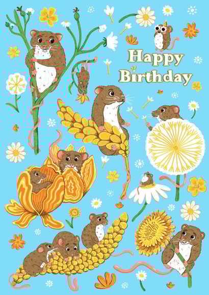 Cute Happy Birthday Card - mouse, mice and spring flowers for mum. created by Jess Hislop