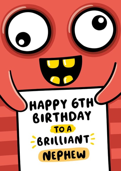 Cute 6th Birthday Card - For Nephew - Cartoon Monster created by Macie Dot Doodles