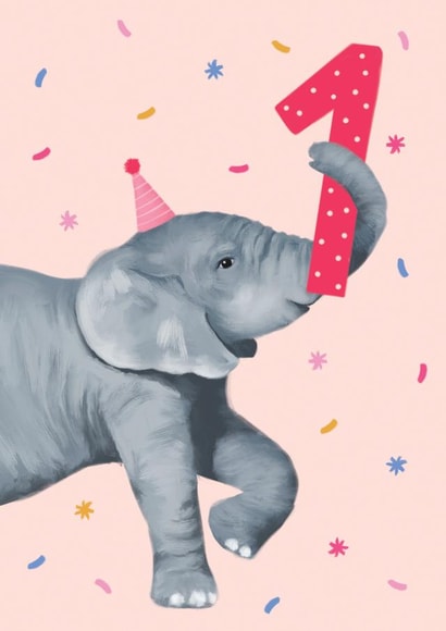 Cute 1st Birthday Card - Illustrated Elephant created by Debbie Daley Illustrations