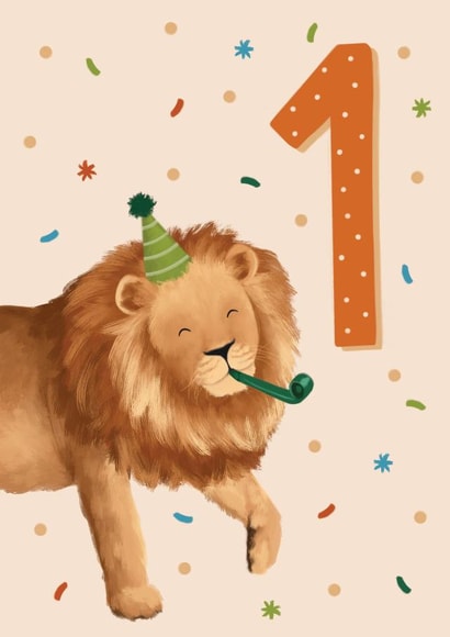 Cute 1st Birthday Card - Illustration Lion created by Debbie Daley Illustrations