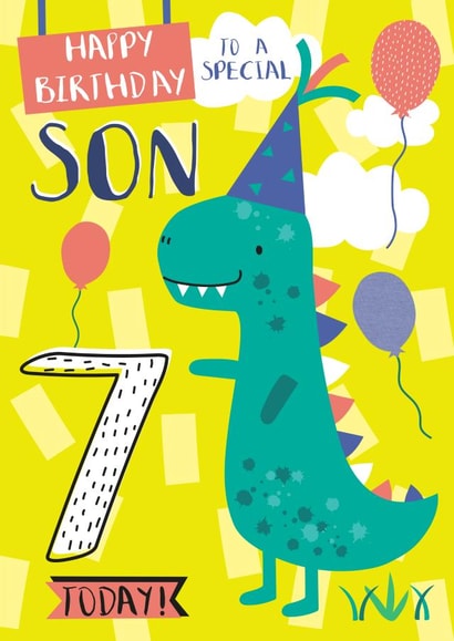 Cute Birthday Card - For Son - 7th Today - Dinosaur created by Juniper and Rose Studio
