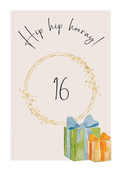 Classic 16th Birthday Card - Hip Hip Hooray - Watercolour Presents created by Heather Trefusis Art