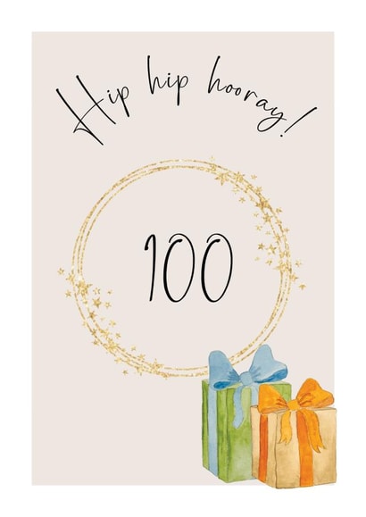 Classic 100th Birthday Card - Hip Hip Hooray - Watercolour Presents created by Heather Trefusis Art