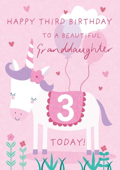 Cute 3rd Birthday Card - For Granddaughter - Cartoon Unicorn created by Juniper and Rose Studio