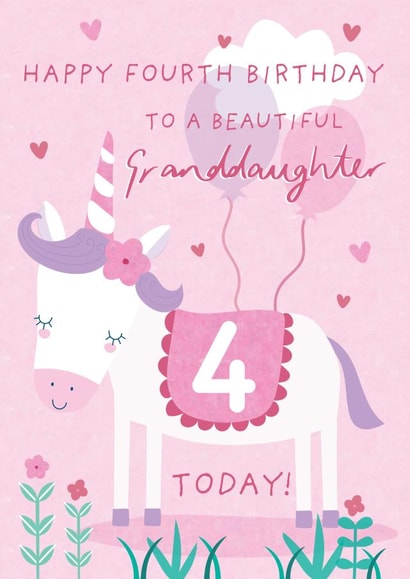 Cute 4th Birthday Card - For Granddaughter - Cartoon Unicorn created by Juniper and Rose Studio