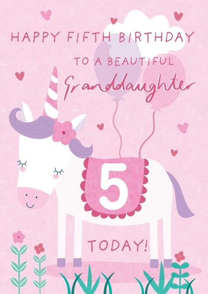 Cute 5th Birthday Card - For Granddaughter - Cartoon Unicorn created by Juniper and Rose Studio