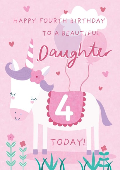 Cute 4th Birthday Card - For Daughter - Cartoon Unicorn created by Juniper and Rose Studio