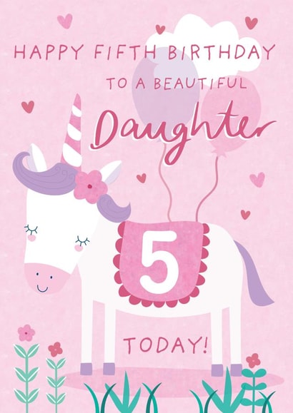 Cute 5th Birthday Card - For Daughter - Cartoon Unicorn created by Juniper and Rose Studio