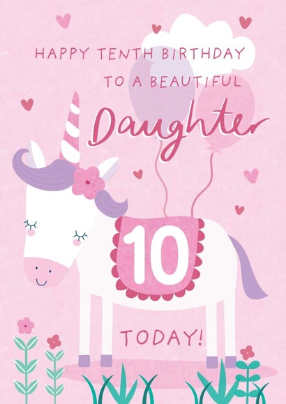 Cute 10th Birthday Card - For Daughter - Cartoon Unicorn created by Juniper and Rose Studio