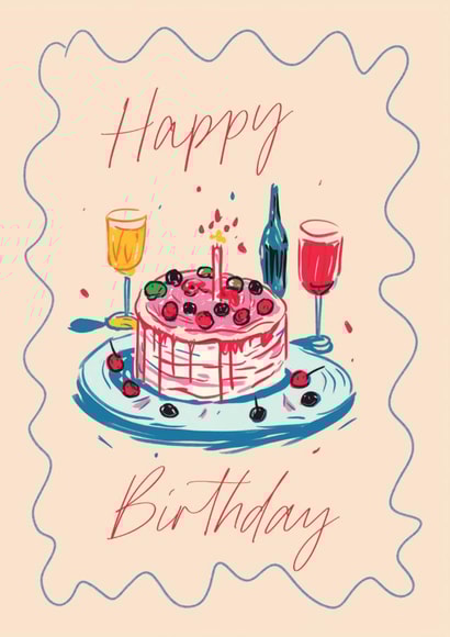 Happy Birthday Card | Hand Drawn Illustration | Cake, Fizz & Candles created by Feel Good Supplies