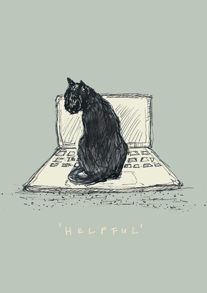 Cute Birthday Card - Helpful Cat - Cat on Laptop created by Poet and Painter