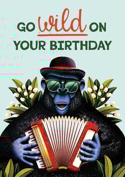 Funky Birthday Card - Go Wild - Jazz Accordian - Gorilla created by Folio | Ian Owen