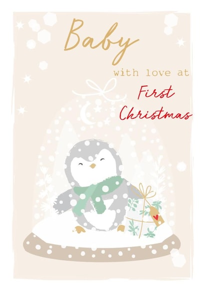 Classic Christmas Card - For Baby - 1st Christmas - Cute Penguin and Present Snowglobe created by SABIVO Design by Sabina