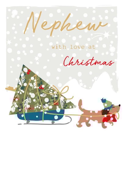 Classic Christmas Card - For Nephew - Cute Dog with Christmas Tree on a Sleigh created by SABIVO Design by Sabina