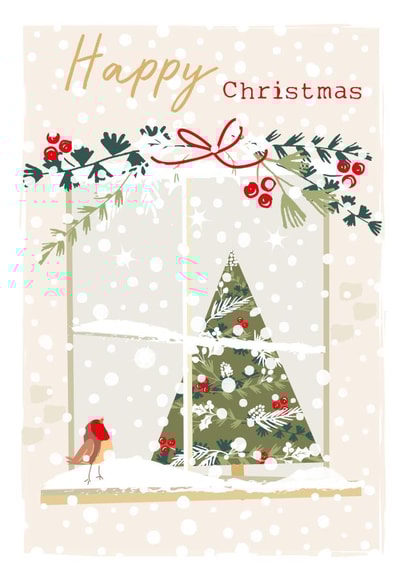 Classic Christmas Card - Robin with Christmas - Snow Falling - Window Sill created by SABIVO Design by Sabina