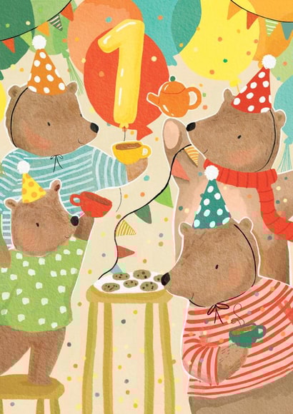 Cute 1st Birthday Card - Teddy Bear Party - Age 1 created by Louise Tiler