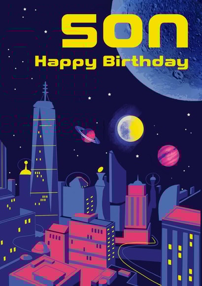 Retro Birthday Card - For Son - Space City Sci Fi created by Rocket68
