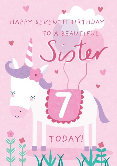 Cute 7th Birthday Card - For Sister - Unicorn created by Juniper and Rose Studio
