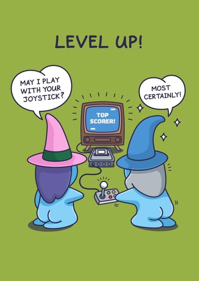Funny Anniversary Card - Naughty Gaming Pun - Witch and Wizard Level Up! created by Cheeky Legends