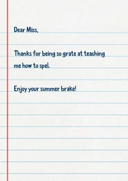 Funny Thank You Card - For Teacher - Spel Grate Miss created by The Buddy Fernandez Card Co.