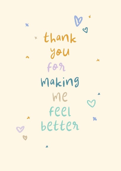 Classic Thank You Card - Making Me Feel Better - Playful Type and Doodle Hearts created by Rebecca Prinn