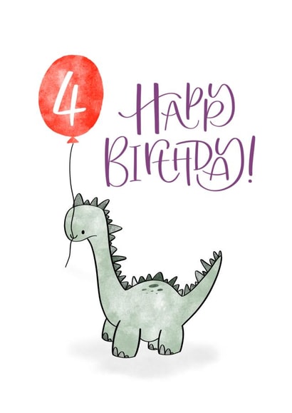 Cute 4th Birthday Card - Cartoon Dinosaur created by Magpie Designs UK