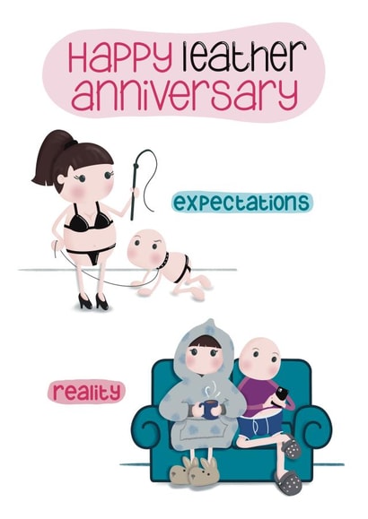 Funny Anniversary Card - Reality Vs Expectations - 3rd Leather Anniversary created by Presents Felt