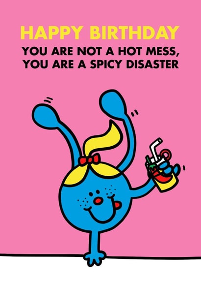 Funny Birthday Card - Little Miss Somersault - Hot Mess, Spicy Disaster - Mr. Men created by Mr. Men