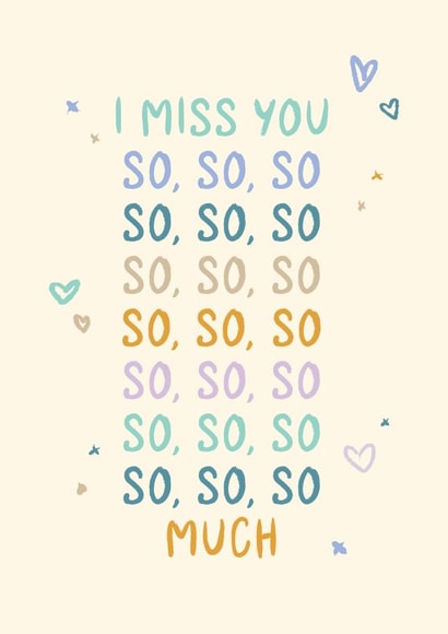 Classic Miss You Card - So So So So Much - Playful Type and Doodles created by Rebecca Prinn