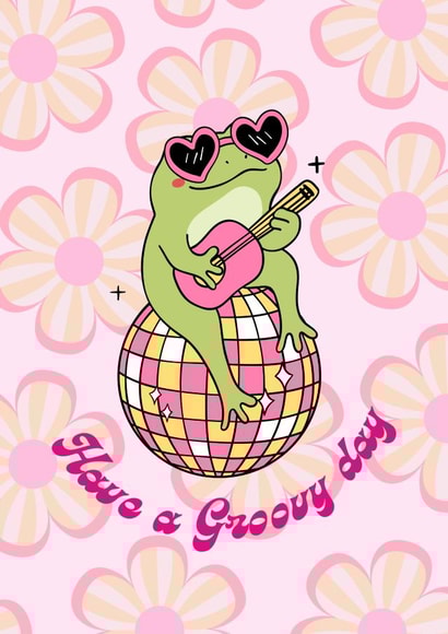 Cute, groovy girls' card. Frog on a disco ball. Retro, Flower Power created by Mila&meDesignS
