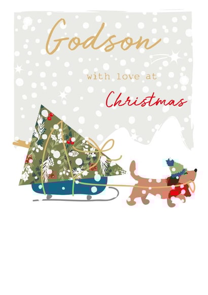 Classic Christmas Card - For Godson - Cute Dog with Christmas Tree on a Sleigh created by SABIVO Design by Sabina